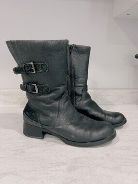 Earth Black Leather Mid-Calf Buckle Boots